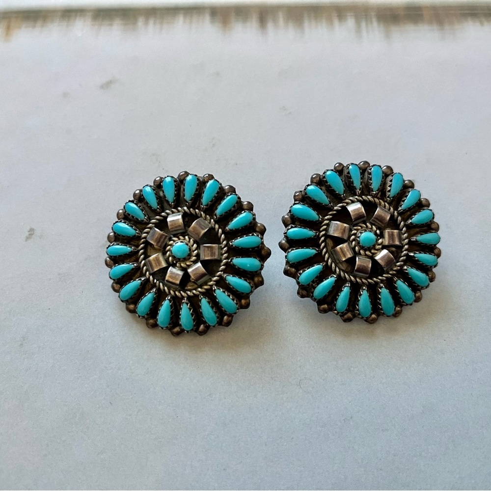 Vintage Zuni needlepoint turquoise earrings, sterling silver